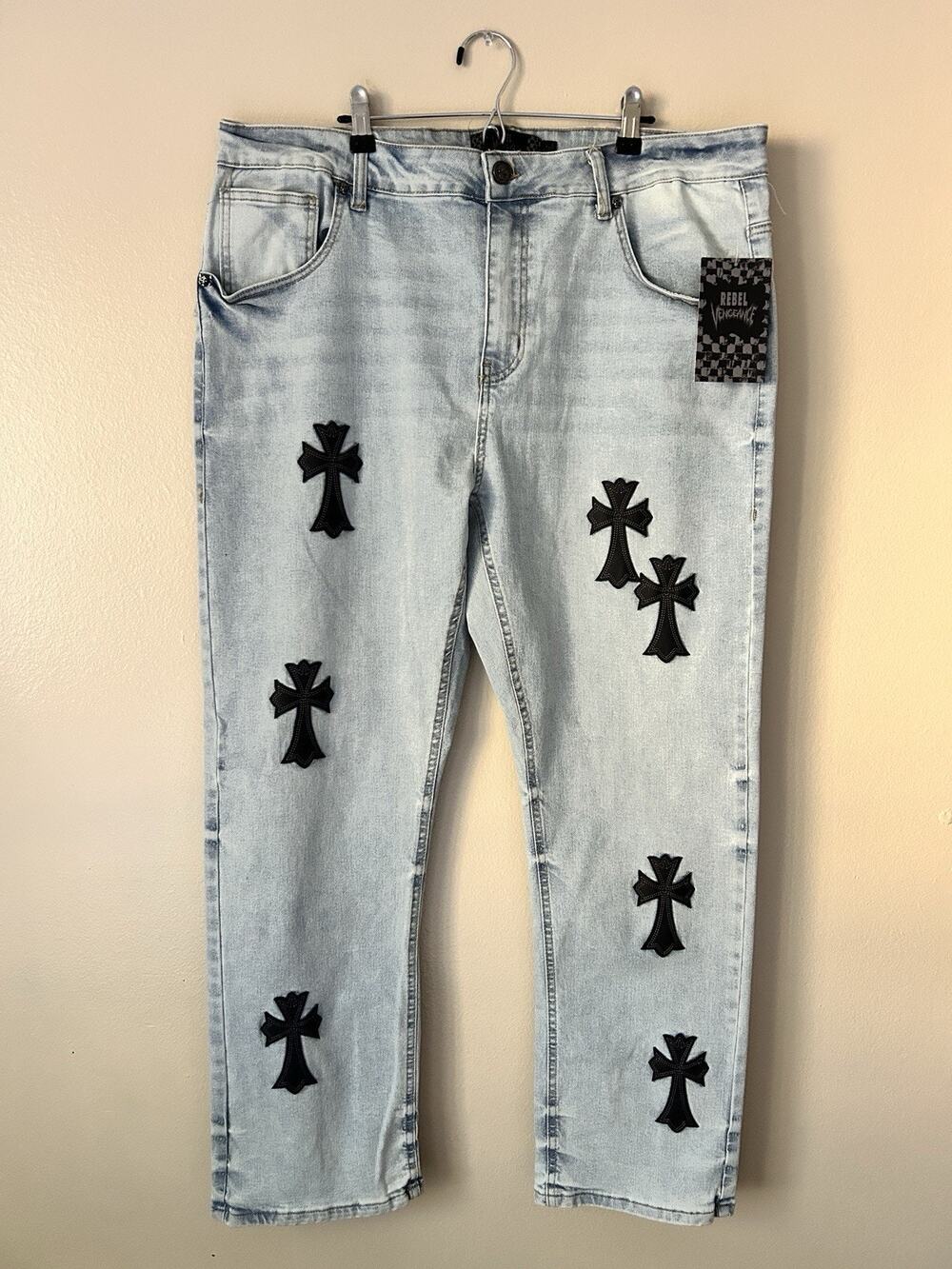 Rebel Vengeance Men's Cross Patch Denim Jeans Light Wash Size40 Custom Style Y2K